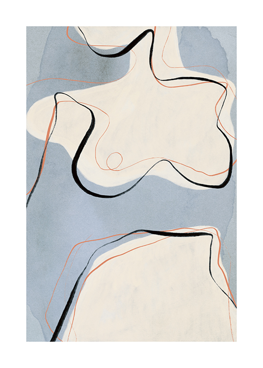  – Ilustración abstracta con un cuerpo desnudo, líneas negras y anaranjadas, y fondo en acuarela azul.