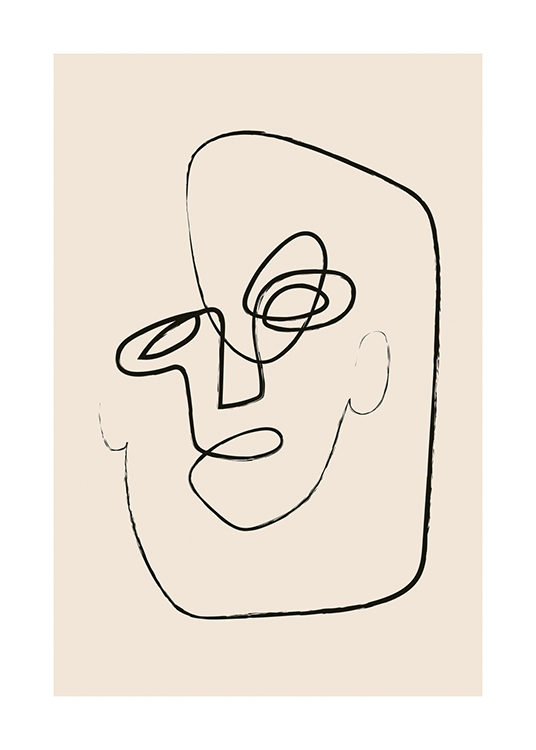  – Ilustración de arte de línea con un rostro abstracto delineado en negro, y fondo beis.