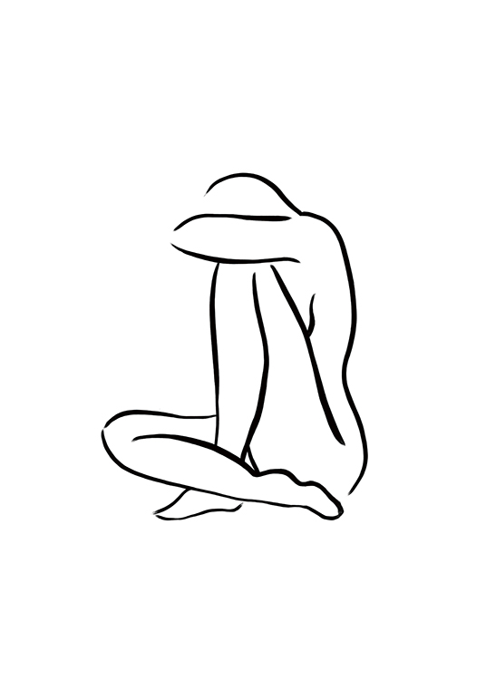  – Ilustración en arte de línea con una mujer sentada y desnuda, fondo blanco.