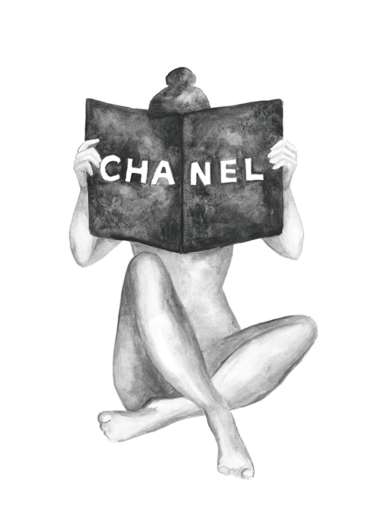  – Ilustración en acuarela gris con una mujer desnuda con un libro delante de la cara que dice «Chanel».