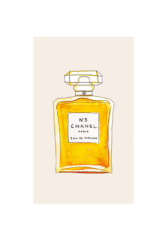  – Ilustración con un frasco anaranjado de perfume Chanel y fondo beis.