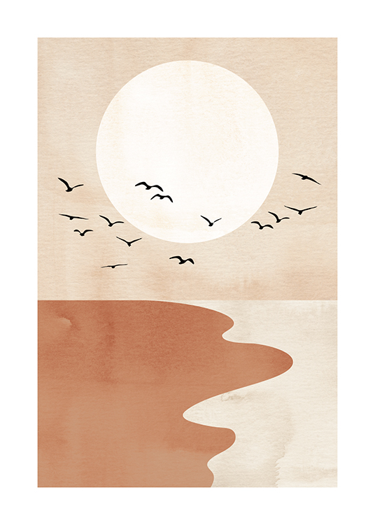  – Ilustración de diseño gráfico conuna playa roja y beis, pájaros negros y un círculo beis claro.