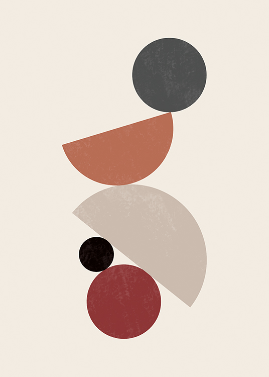  – Ilustración de diseño gráfico con círculos y semicírculos beis y rojos balanceándose uno encima del otro.