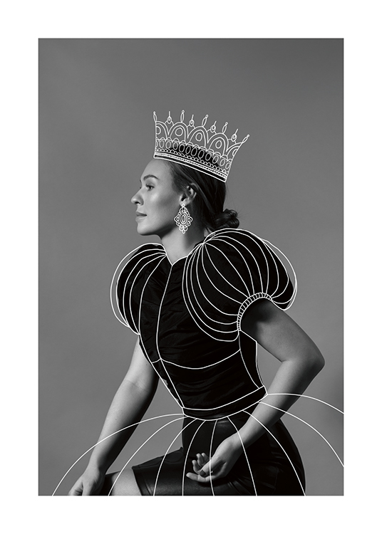  – Fotografía en blanco y negro de una mujer de perfil con el dibujo de una corona y un vestido.