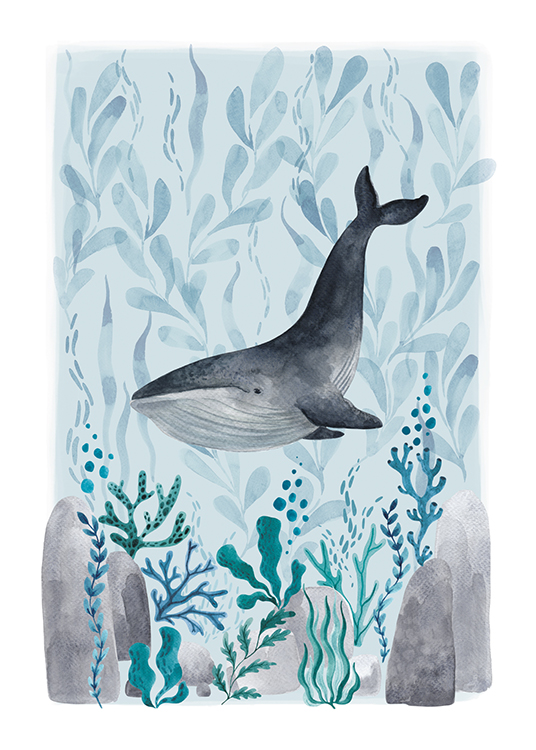  – Ilustración en acuarela con una ballena con hojas azules y verdes y rocas alrededor, fondo azul.