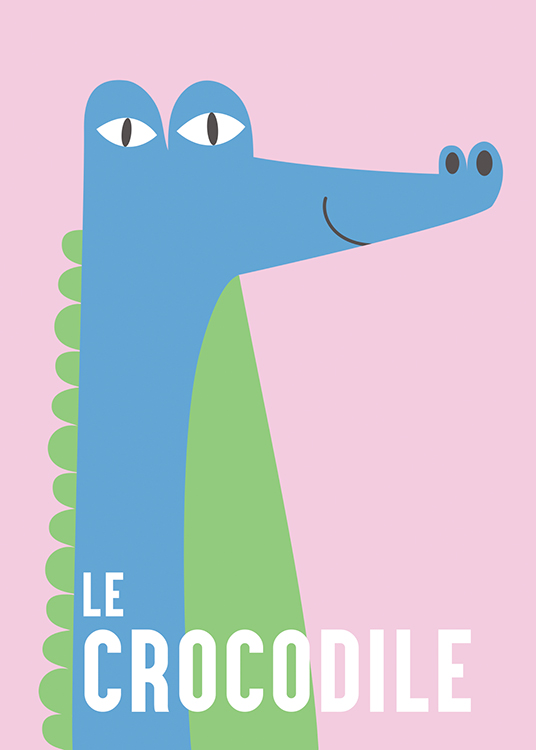  – Ilustración de diseño gráfico con un cocodrilo sonriente en color azul y verde, fondo rosa.