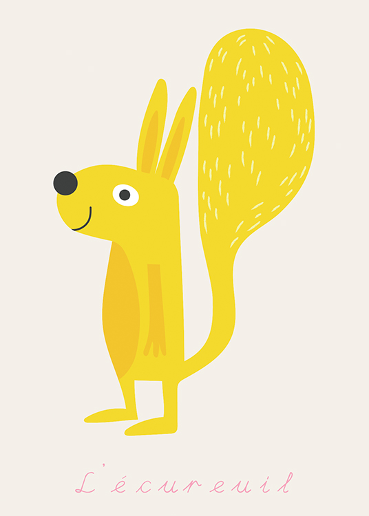  – Ilustración de diseño gráfico con una ardilla amarilla sonriendo y fondo gris claro.