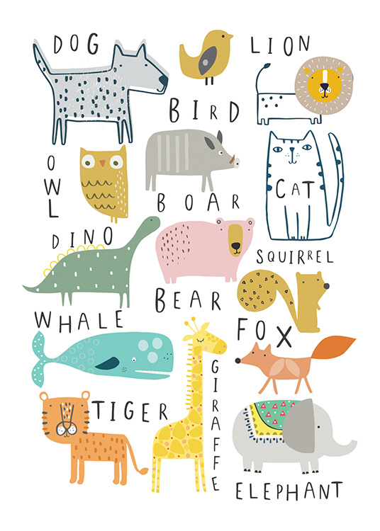  – Ilustración de diseño gráfico con diferentes animales y sus respectivos nombres en inglés.