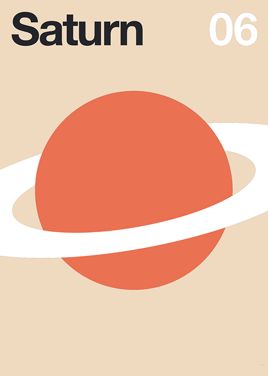  – Ilustración de diseño gráfico con Saturno dibujado; un círculo en rojo y y un anillo blanco alrededor.