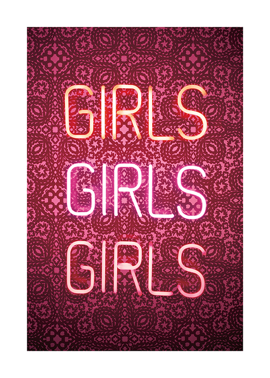  – Cartel de neón que dice: «chicas, chicas, chicas!» sobre un papel pintado con un patrón rosado