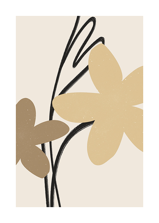  – Ilustración de diseño gráfico con dos flores en color beis y marrón y una línea negra irregular detrás, fondo beis claro