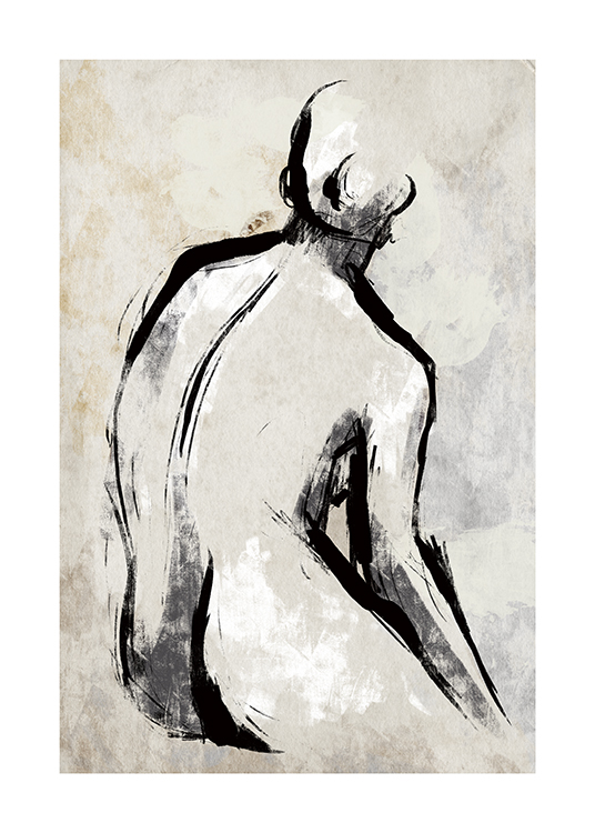  – Pintura de una espalda desnuda delineada en negro sobre un fondo con mezcla de color beis claro y gris