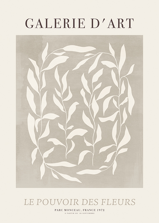  – Ilustración con un ramillete de hojas blancas en un cuadrado gris y texto en la parte superior e inferior del motivo