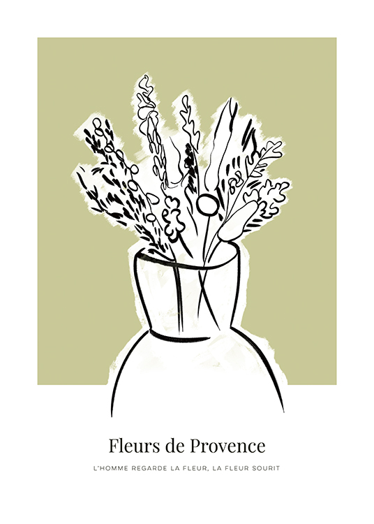  – Ilustración con un florero con flores silvestres delineado en negro y fondo verde