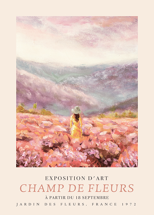  – Pintura con campo de flores rosadas y una mujer de vestido amarillo