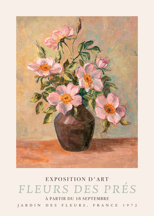  – Pintura con un ramo de flores rosas en un florero, fondo colorido y texto en la parte inferior del motivo