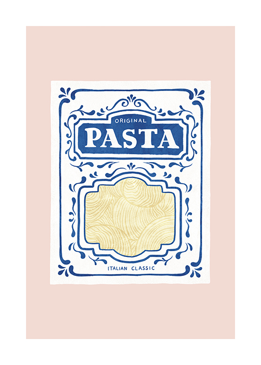  – Ilustración con un paquete de pasta de color azul y blanco y fondo rosa