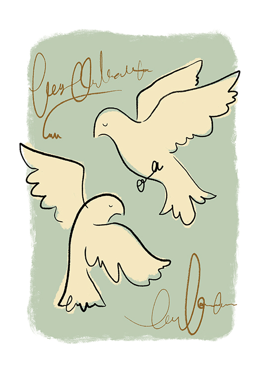  – Ilustración con dos pájaros de color beis claro con fondo verde grisáceo