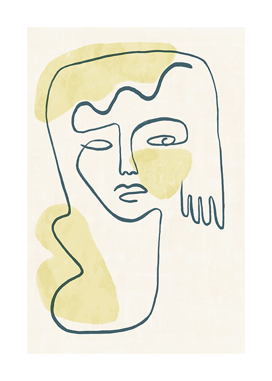  – Ilustración abstracta realizada en arte de línea con fondo de color beis claro, un rostro, una mano y figuras amarillas