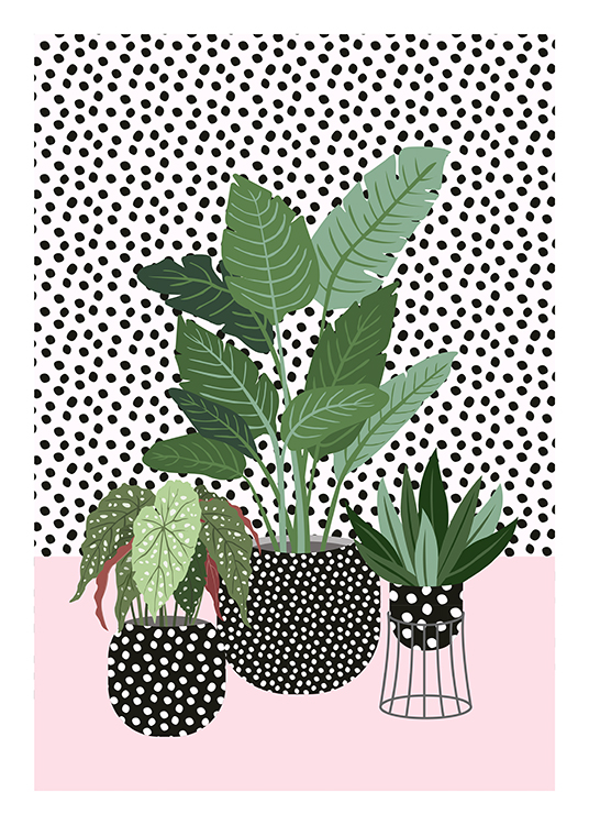  – Ilustración con plantas en macetas con lunares y una pared con motas detrás