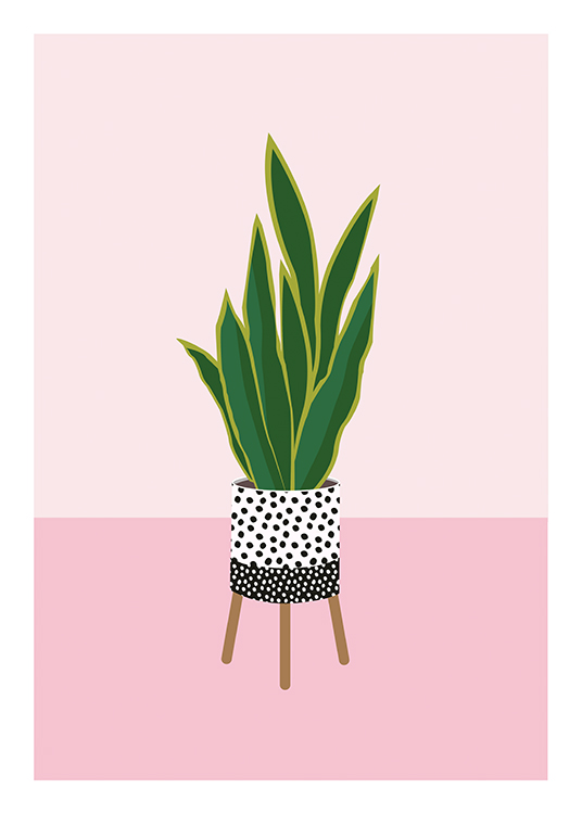  – Ilustración con una maceta con motas y patas que tiene una planta y fondo rosa