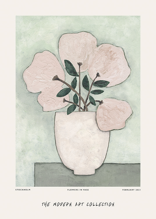  – Pintura con un florero con flores rosas, fondo verde y texto en la parte inferior del motivo