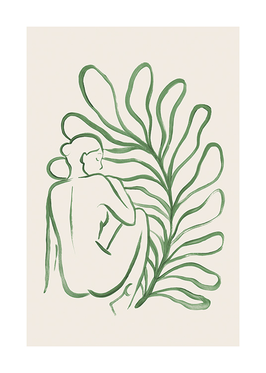  – Ilustración con trazos verdes de una hoja grande detrás del cuerpo desnudo de una mujer, fondo beis