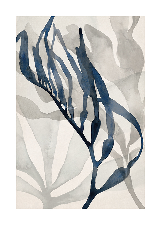  – Ilustración en acuarela con un alga abstracta gris y azul, y fondo beis claro