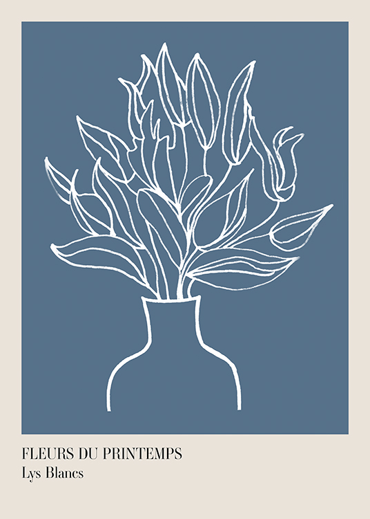  – Ilustración de diseño gráfico con flores en un florero dibujado en blanco sobre un fondo azul grisáceo