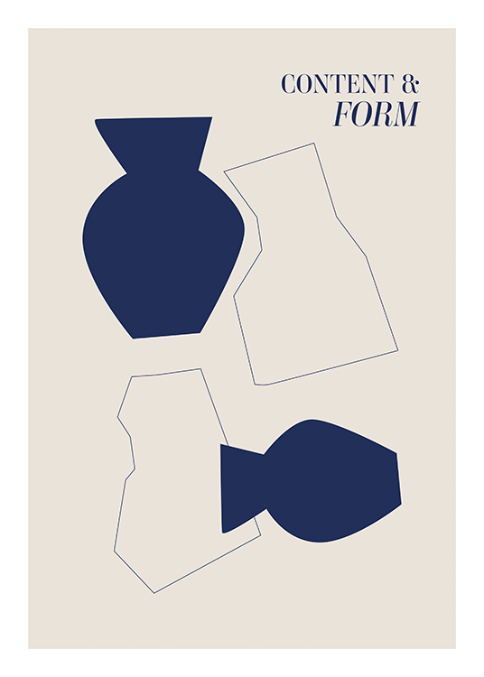  – Ilustración de diseño gráfico with figuras abstractas y floreros azules sobre un fondo beis