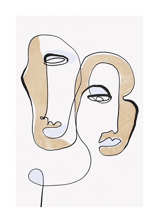  – Ilustración abstracta con dos rostros delineados en negro y detalles en beis y celeste