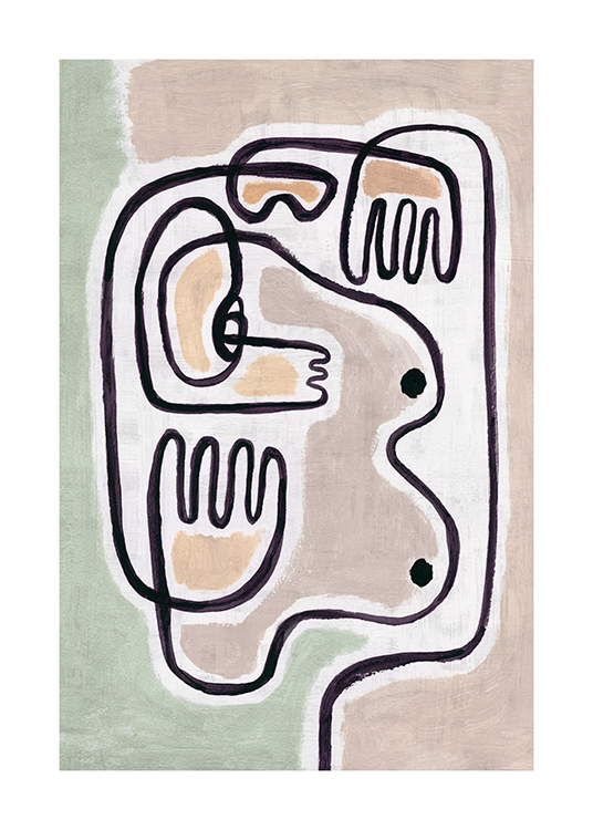  – Pintura con un diseño abstracto que tiene pechos y manos dibujados sobre un fondo beis y verde