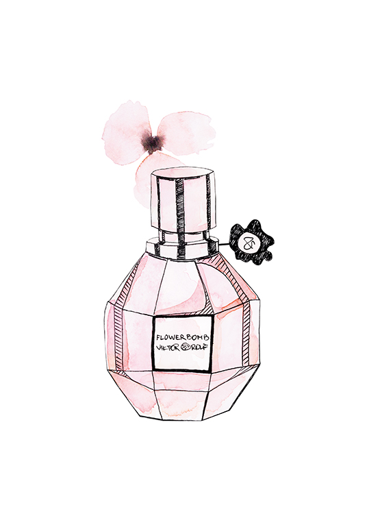  – Ilustración de un frasco rosa de perfume con una pequeña flor rosa y fondo blanco