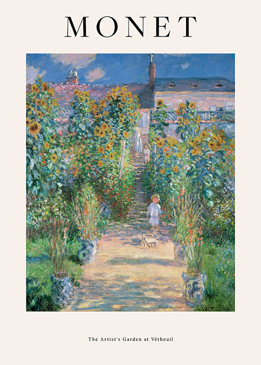  – Pintura de un camino con girasoles en el jardín de una casa