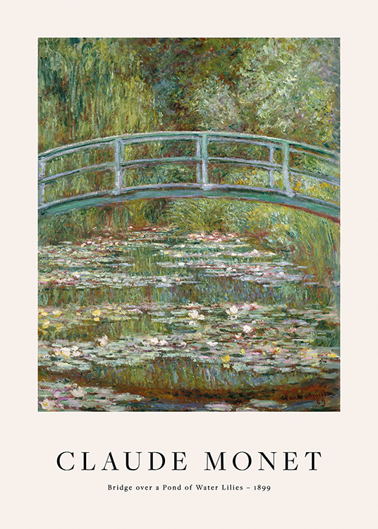  – Pintura de una laguna con nenúfares debajo de un puente y árboles de fonfo