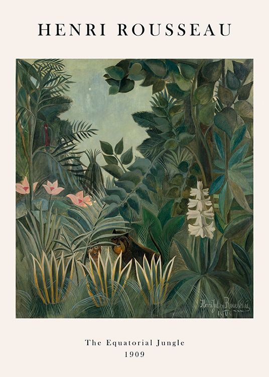  – Pintura de una selva con árboles, flores y animales