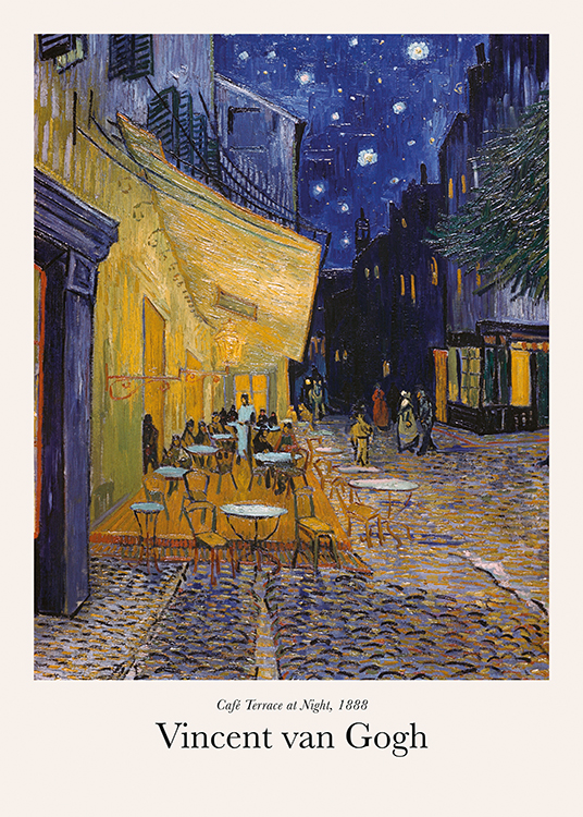  – Pintura de la terraza de un café en una ciudad y cielo azul oscuro de fondo