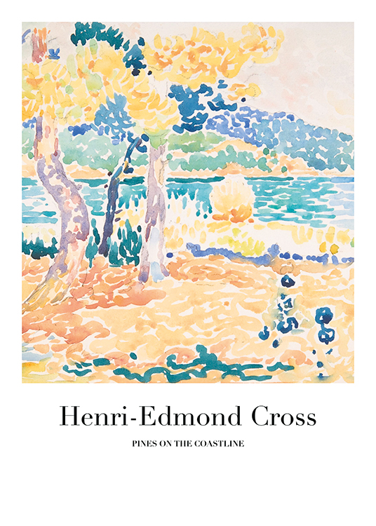  – Pintura de un paisaje colorido y abstracto con mar y árboles