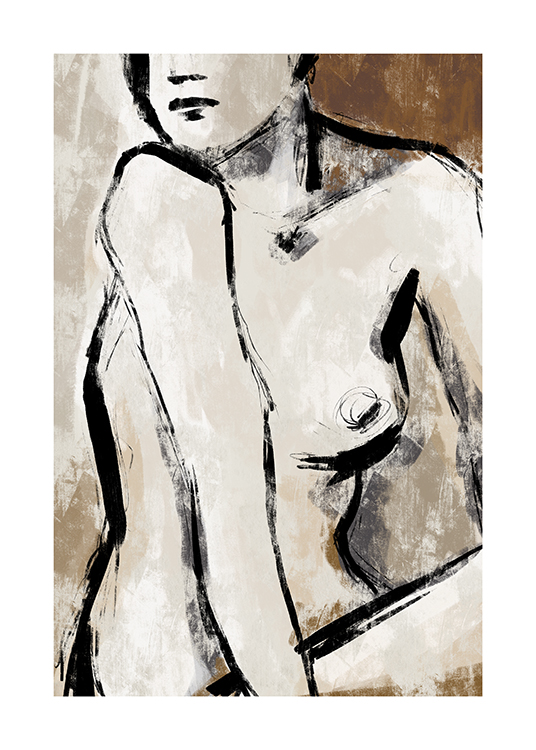  – Pintura con el cuerpo desnudo de un mujer en beis y negro y con fondo marrón y beis