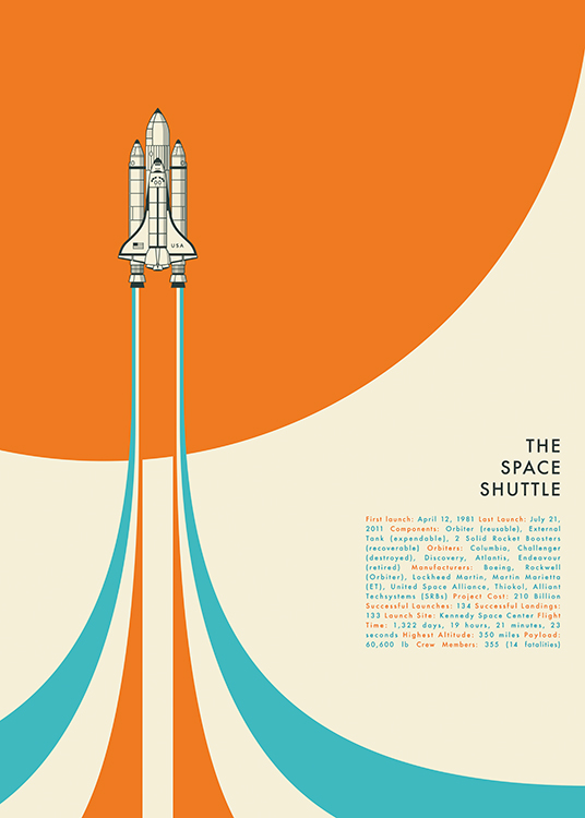 – Ilustración de diseño gráfico con un transbordador espacial blanco y fondo naranja, azul y beis