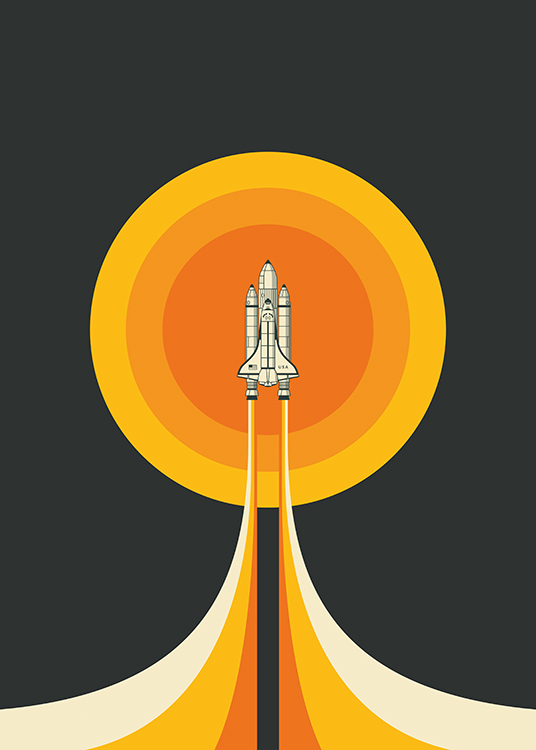  – Ilustración de diseño gráfico con un círculo amarillo y naranja detrás de un transbordador espacial