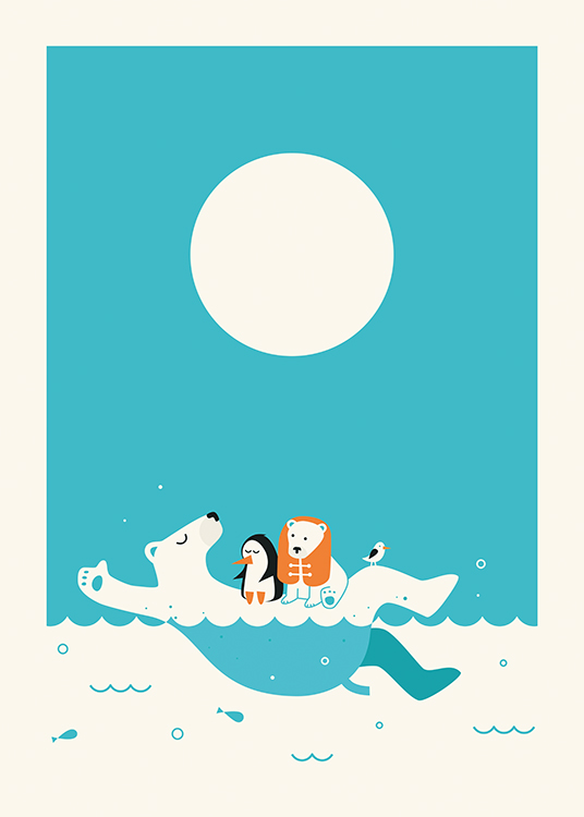  – Ilustración de diseño gráfico con un oso polar en el agua que lleva dos animalitos sobre la barriga