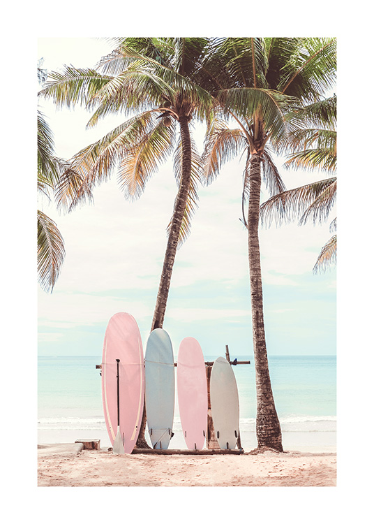  – Fotografía de unas tablas de surf coloridas apoyadas sobre dos palmeras