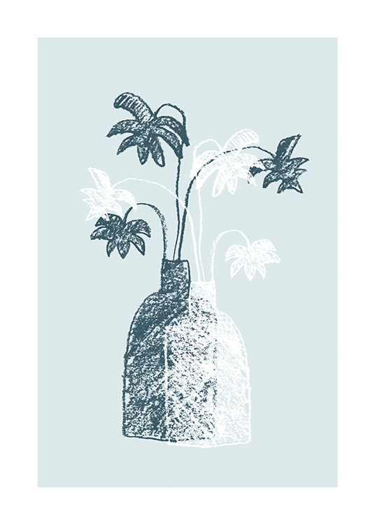  – Ilustración con dos floreros en azul y blanco con hojas de palmeras