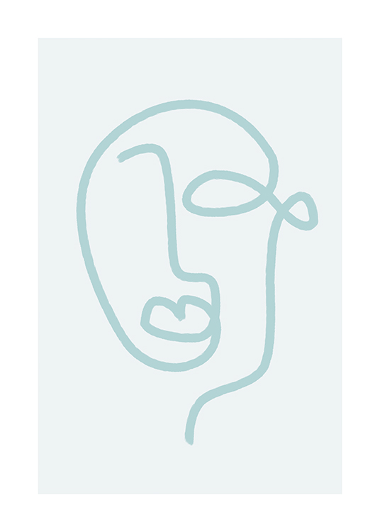  – Ilustración en arte de línea con un rostro azul y abstracto, fondo claro