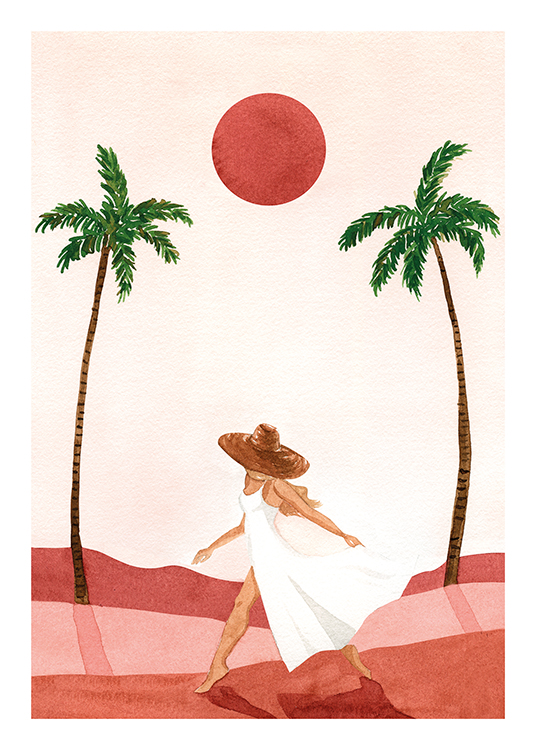  – Ilustración con una mujer de vestido blanco y sombrero de sol caminando sobre arenas rojizas y palmeras de fondo