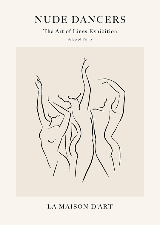  – Ilustración en arte de línea con mujeres desnudas bailando y fondo beis