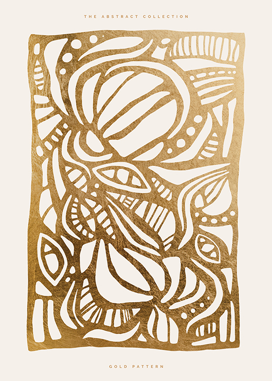  – Ilustración de diseño gráfico con un patrón de hojas doradas con fondo claro y texto en la parte superior e inferior del motivo