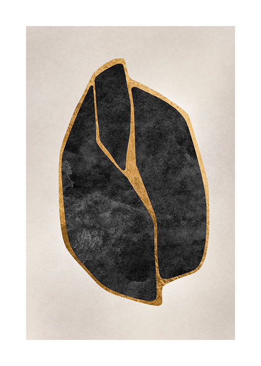  – Ilustración de diseño gráfico con una figura abstracta delineada en negro y dorado, fondo beis grisáceo