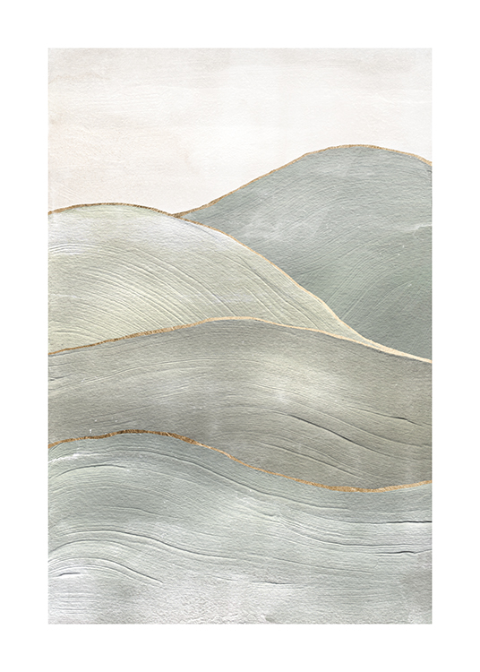 – Pintura con colinas abstractas en verde grisáceo y contorno dorado